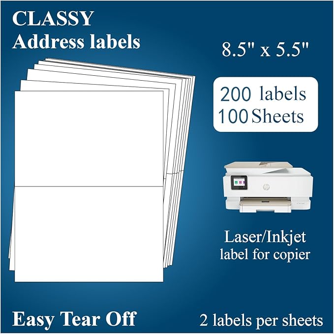 (100 Sheets, 200 Labels) Sticker Paper, 11" x 8.5" Half Sheet Shipping Address Labels, 2 Per Page Self Adhesive Mailing Label for Laser and Inkjet Printers | Shipping Handling Labels - TrueDesk