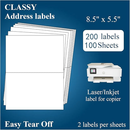 (100 Sheets, 200 Labels) Sticker Paper, 11" x 8.5" Half Sheet Shipping Address Labels, 2 Per Page Self Adhesive Mailing Label for Laser and Inkjet Printers | Shipping Handling Labels - TrueDesk