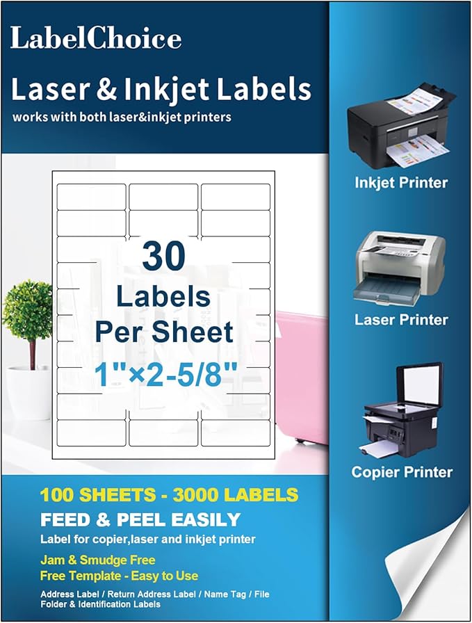 100 Sheets 3000 Pcs 30 - up 1" x 2 - 5/8" Shipping Address FBA Labels for Laser & Inkjet Printers, 30 Up Labels 1 x 2 - 5/8 on US Letter,30 per Sheet Return Address Stickers, 30 per Page | Laser Inkjet Printer Labels - TrueDesk