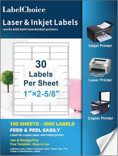 100 Sheets 3000 Pcs 30 - up 1" x 2 - 5/8" Shipping Address FBA Labels for Laser & Inkjet Printers, 30 Up Labels 1 x 2 - 5/8 on US Letter,30 per Sheet Return Address Stickers, 30 per Page | Laser Inkjet Printer Labels - TrueDesk