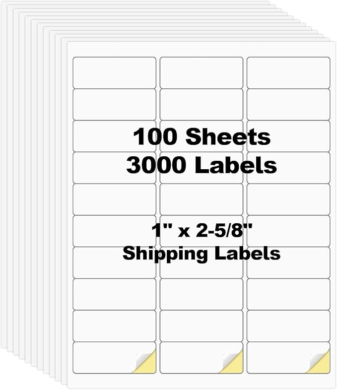 100 Sheets 3000 Pcs 30 Up 1" x2 - 5/8 Shipping Address Barcode Labels for Laser & Inkjet Printers, 1x2.625 FBA Labels on US Letter, 30 per Sheet Return Address Labels, 30 per Page | Laser Inkjet Printer Labels - TrueDesk