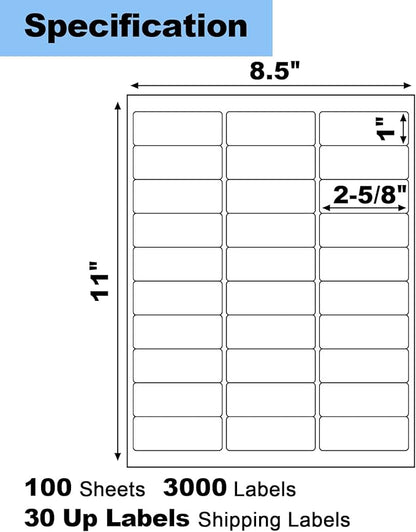 100 Sheets 3000 Pcs 30 Up 1" x2 - 5/8 Shipping Address Barcode Labels for Laser & Inkjet Printers, 1x2.625 FBA Labels on US Letter, 30 per Sheet Return Address Labels, 30 per Page | Laser Inkjet Printer Labels - TrueDesk