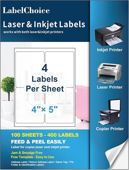 100 Sheets 400 Pcs 4"x5" 4 Up Shipping Address Labels for Laser & Inkjet Printers, Permanent Adhesive 4 per Page Shipping Labels, 4 to a Page Labels, 4 Stickers per Sheet | Laser Inkjet Printer Labels - TrueDesk