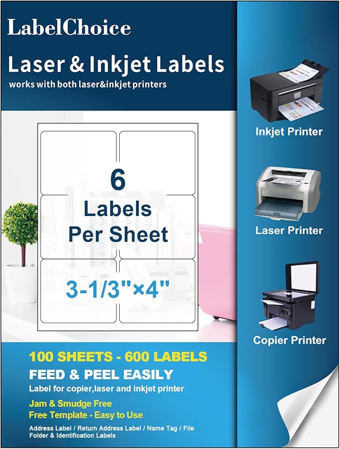 100 Sheets 600 Pcs 3 - 1/3 x 4 6 Up Shipping Address Labels for Laser & Inkjet Printers, 3 - 1/3" x 4" 6 per Sheet Shipping Mailing Stickers, 6 Labels per Page | Laser Inkjet Printer Labels - TrueDesk