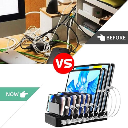100W 10 - Port Smart Charging Station | 5 USB - A & 5 USB - C Ports | Organized Design for Cellphones, Tablets, Watches & More (Black) | Charging Stations - TrueDesk