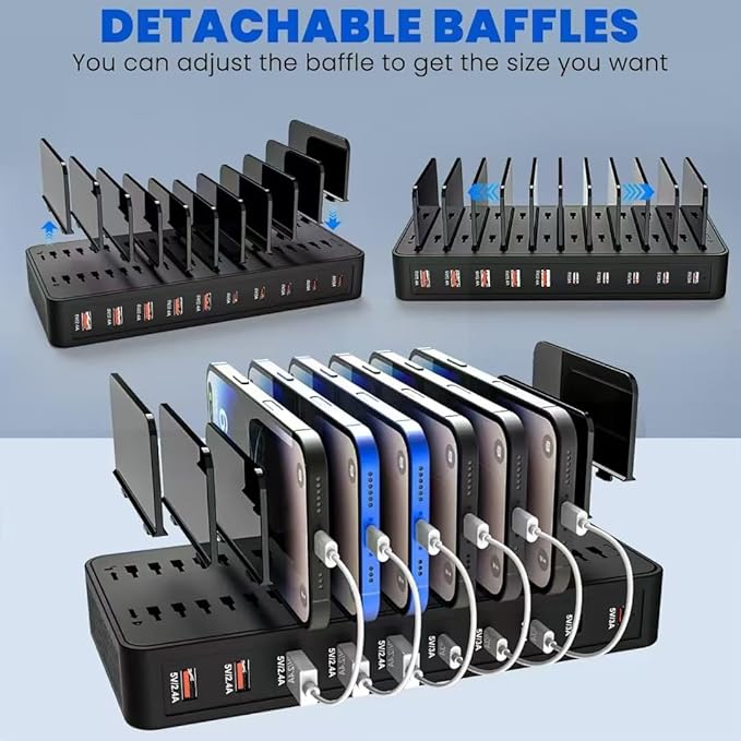 100W 10 - Port Smart Charging Station | 5 USB - A & 5 USB - C Ports | Organized Design for Cellphones, Tablets, Watches & More (Black) | Charging Stations - TrueDesk