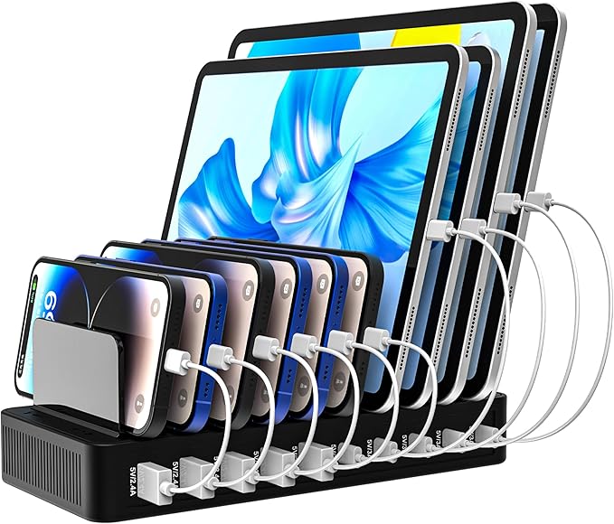 100W 10 - Port Smart Charging Station | 5 USB - A & 5 USB - C Ports | Organized Design for Cellphones, Tablets, Watches & More (Black) | Charging Stations - TrueDesk