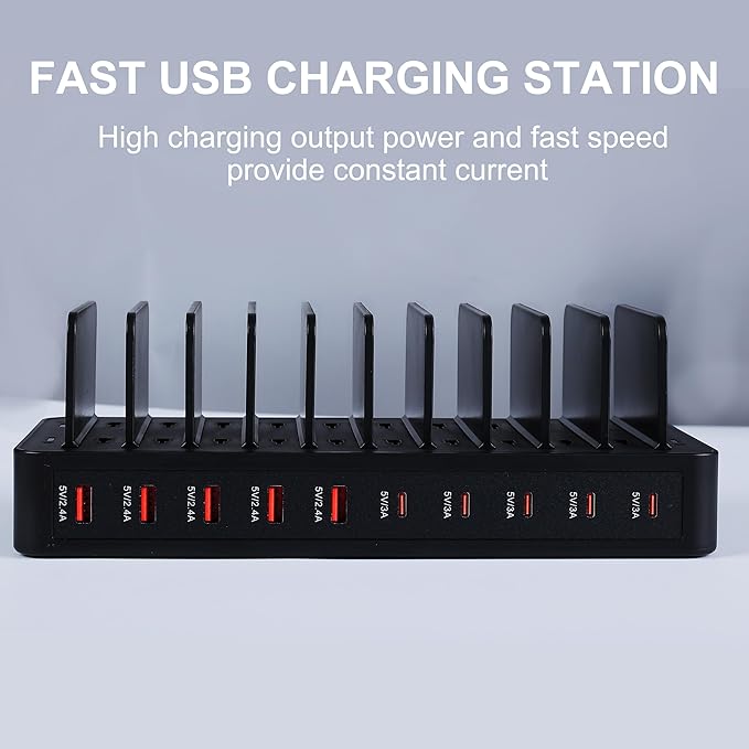 100W 10 - Port Smart Charging Station | 5 USB - A & 5 USB - C Ports | Organized Design for Cellphones, Tablets, Watches & More (Black) | Charging Stations - TrueDesk