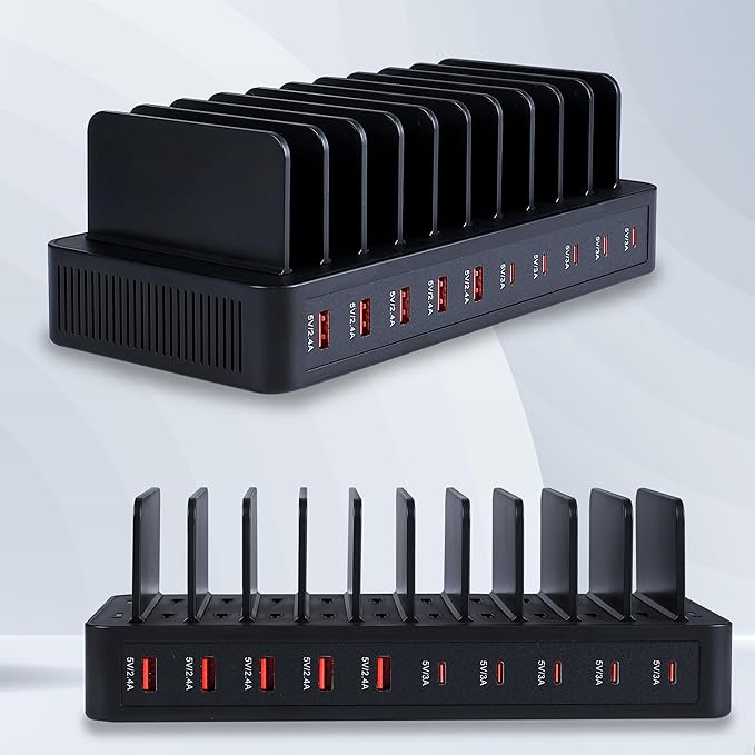 100W 10 - Port Smart Charging Station | 5 USB - A & 5 USB - C Ports | Organized Design for Cellphones, Tablets, Watches & More (Black) | Charging Stations - TrueDesk