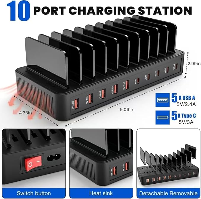 100W 10 - Port Smart Charging Station | 5 USB - A & 5 USB - C Ports | Organized Design for Cellphones, Tablets, Watches & More (Black) | Charging Stations - TrueDesk