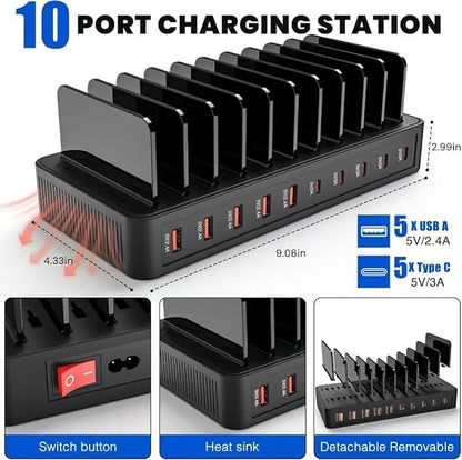 100W 10 - Port Smart Charging Station | 5 USB - A & 5 USB - C Ports | Organized Design for Cellphones, Tablets, Watches & More (Black) | Charging Stations - TrueDesk