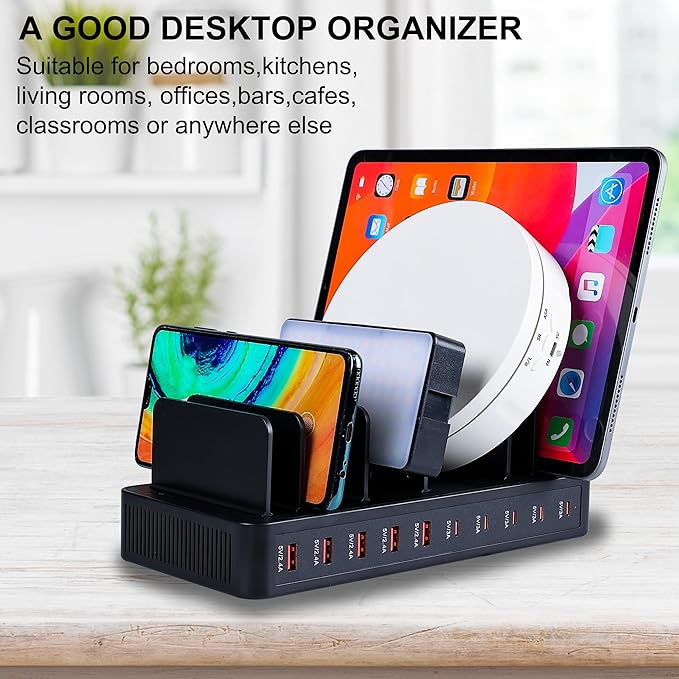 100W 10 - Port Smart Charging Station | 5 USB - A & 5 USB - C Ports | Organized Design for Cellphones, Tablets, Watches & More (Black) | Charging Stations - TrueDesk