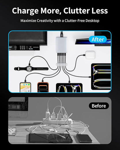 105W USB C Fast Charger, 6 - Port Desktop GaN USB Charging Station Hub, USB C Charger Block Wall Charger for iPhone 17/16/15/14/13/12/11, iPad, Samsung and More (Cable Organizer Included) | Charging Stations - TrueDesk