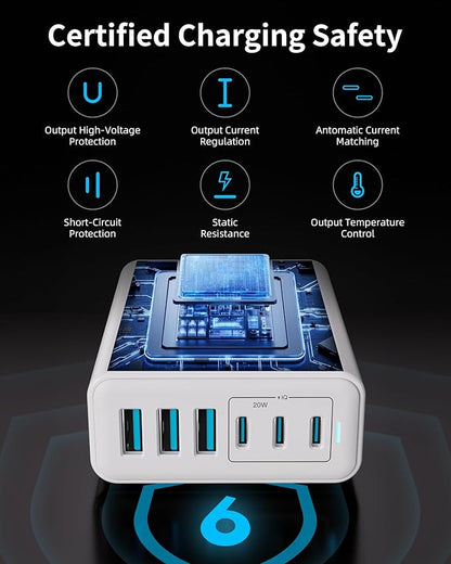 105W USB C Fast Charger, 6 - Port Desktop GaN USB Charging Station Hub, USB C Charger Block Wall Charger for iPhone 17/16/15/14/13/12/11, iPad, Samsung and More (Cable Organizer Included) | Charging Stations - TrueDesk