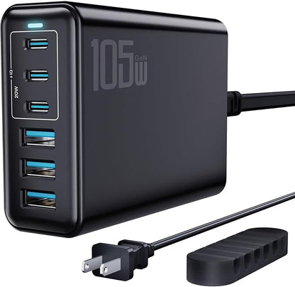 105W USB C Fast Charger, 6 - Port Desktop GaN USB Charging Station Hub, USB C Charger Block Wall Charger for iPhone 17/16/15/14/13/12/11, iPad, Samsung and More (Cable Organizer Included) | Charging Stations - TrueDesk