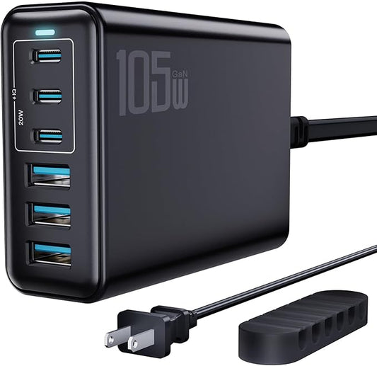 105W USB C Fast Charger, 6 - Port Desktop GaN USB Charging Station Hub, USB C Charger Block Wall Charger for iPhone 17/16/15/14/13/12/11, iPad, Samsung and More (Cable Organizer Included) | Charging Stations - TrueDesk