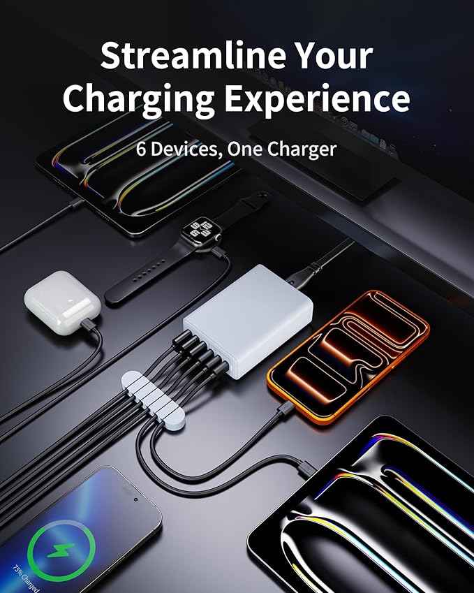 105W USB C Fast Charger, 6 - Port Desktop GaN USB Charging Station Hub, USB C Charger Block Wall Charger for iPhone 17/16/15/14/13/12/11, iPad, Samsung and More (Cable Organizer Included) | Charging Stations - TrueDesk