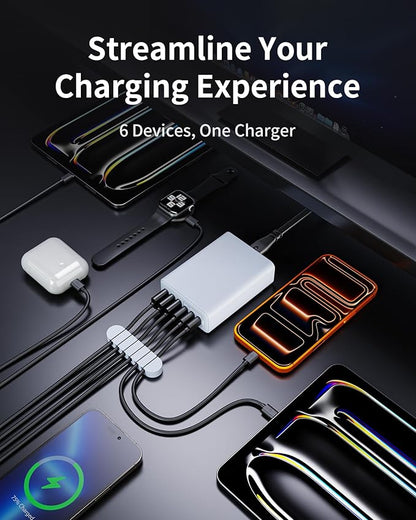 105W USB C Fast Charger, 6 - Port Desktop GaN USB Charging Station Hub, USB C Charger Block Wall Charger for iPhone 17/16/15/14/13/12/11, iPad, Samsung and More (Cable Organizer Included) | Charging Stations - TrueDesk