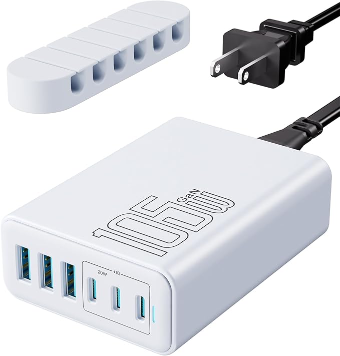 105W USB C Fast Charger, 6 - Port Desktop GaN USB Charging Station Hub, USB C Charger Block Wall Charger for iPhone 17/16/15/14/13/12/11, iPad, Samsung and More (Cable Organizer Included) | Charging Stations - TrueDesk