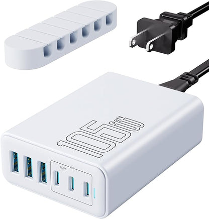 105W USB C Fast Charger, 6 - Port Desktop GaN USB Charging Station Hub, USB C Charger Block Wall Charger for iPhone 17/16/15/14/13/12/11, iPad, Samsung and More (Cable Organizer Included) | Charging Stations - TrueDesk