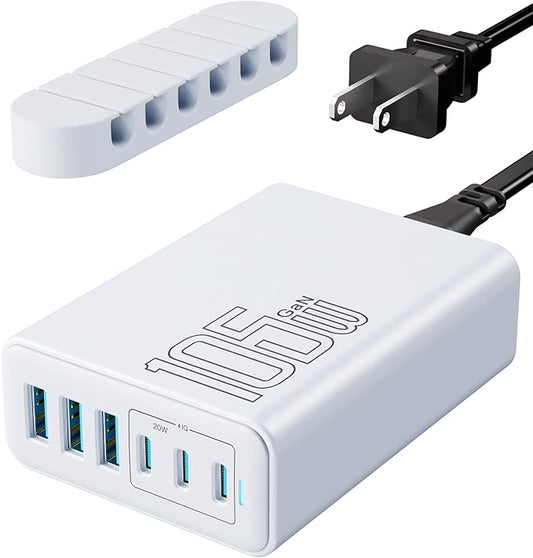 105W USB C Fast Charger, 6 - Port Desktop GaN USB Charging Station Hub, USB C Charger Block Wall Charger for iPhone 17/16/15/14/13/12/11, iPad, Samsung and More (Cable Organizer Included) | Charging Stations - TrueDesk