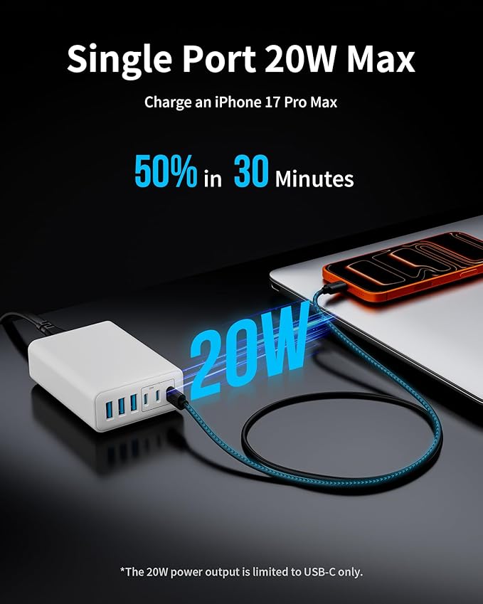105W USB C Fast Charger, 6 - Port Desktop GaN USB Charging Station Hub, USB C Charger Block Wall Charger for iPhone 17/16/15/14/13/12/11, iPad, Samsung and More (Cable Organizer Included) | Charging Stations - TrueDesk