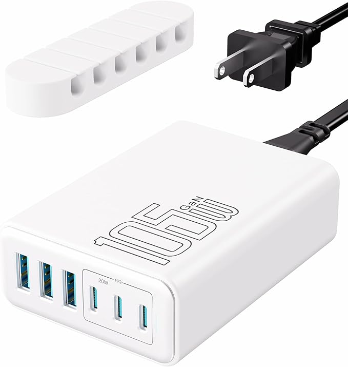 105W USB C Fast Charger, 6 - Port Desktop GaN USB Charging Station Hub, USB C Charger Block Wall Charger for iPhone 17/16/15/14/13/12/11, iPad, Samsung and More (Cable Organizer Included) | Charging Stations - TrueDesk