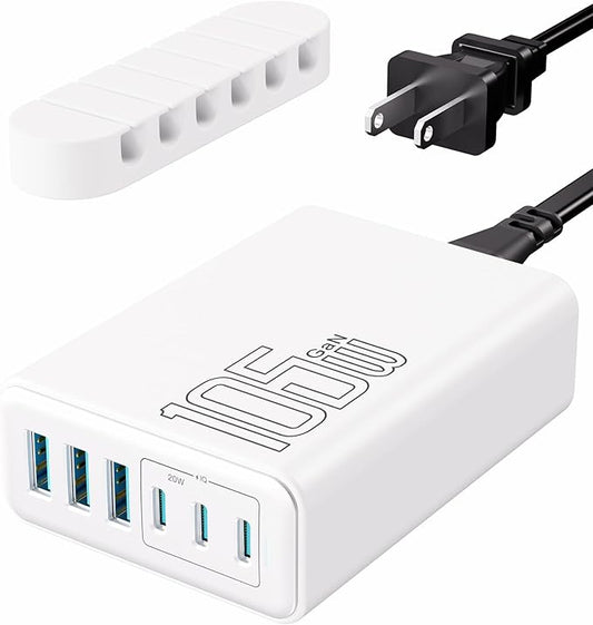 105W USB C Fast Charger, 6 - Port Desktop GaN USB Charging Station Hub, USB C Charger Block Wall Charger for iPhone 17/16/15/14/13/12/11, iPad, Samsung and More (Cable Organizer Included) | Charging Stations - TrueDesk