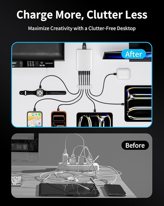 105W USB C Fast Charger, 6 - Port Desktop GaN USB Charging Station Hub, USB C Charger Block Wall Charger for iPhone 17/16/15/14/13/12/11, iPad, Samsung and More (Cable Organizer Included) | Charging Stations - TrueDesk