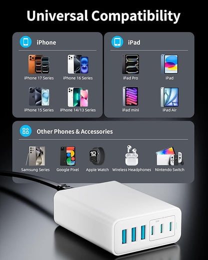105W USB C Fast Charger, 6 - Port Desktop GaN USB Charging Station Hub, USB C Charger Block Wall Charger for iPhone 17/16/15/14/13/12/11, iPad, Samsung and More (Cable Organizer Included) | Charging Stations - TrueDesk