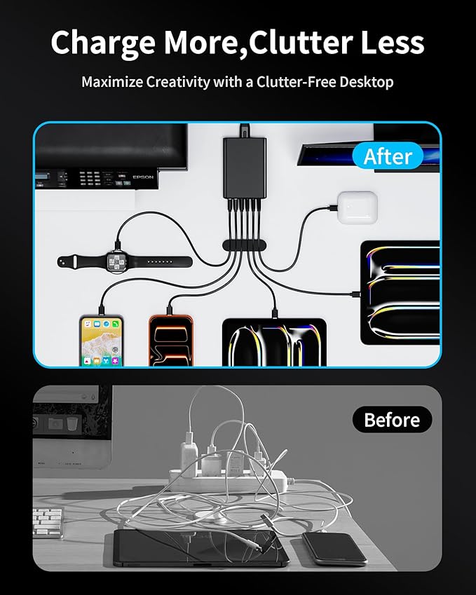 105W USB C Fast Charger, 6 - Port Desktop GaN USB Charging Station Hub, USB C Charger Block Wall Charger for iPhone 17/16/15/14/13/12/11, iPad, Samsung and More (Cable Organizer Included) | Charging Stations - TrueDesk