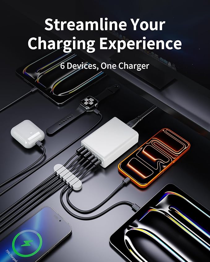 105W USB C Fast Charger, 6 - Port Desktop GaN USB Charging Station Hub, USB C Charger Block Wall Charger for iPhone 17/16/15/14/13/12/11, iPad, Samsung and More (Cable Organizer Included) | Charging Stations - TrueDesk
