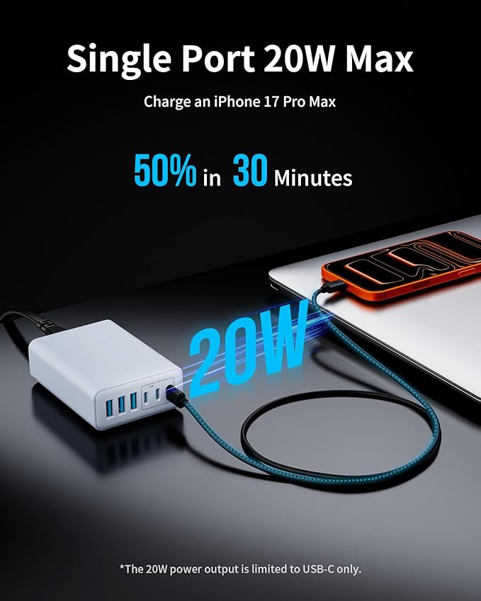 105W USB C Fast Charger, 6 - Port Desktop GaN USB Charging Station Hub, USB C Charger Block Wall Charger for iPhone 17/16/15/14/13/12/11, iPad, Samsung and More (Cable Organizer Included) | Charging Stations - TrueDesk