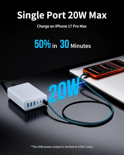 105W USB C Fast Charger, 6 - Port Desktop GaN USB Charging Station Hub, USB C Charger Block Wall Charger for iPhone 17/16/15/14/13/12/11, iPad, Samsung and More (Cable Organizer Included) | Charging Stations - TrueDesk