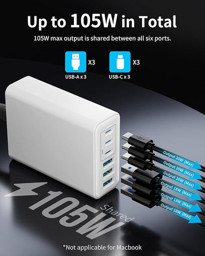 105W USB C Fast Charger, 6 - Port Desktop GaN USB Charging Station Hub, USB C Charger Block Wall Charger for iPhone 17/16/15/14/13/12/11, iPad, Samsung and More (Cable Organizer Included) | Charging Stations - TrueDesk
