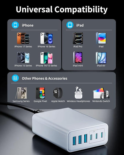 105W USB C Fast Charger, 6 - Port Desktop GaN USB Charging Station Hub, USB C Charger Block Wall Charger for iPhone 17/16/15/14/13/12/11, iPad, Samsung and More (Cable Organizer Included) | Charging Stations - TrueDesk