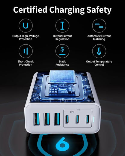 105W USB C Fast Charger, 6 - Port Desktop GaN USB Charging Station Hub, USB C Charger Block Wall Charger for iPhone 17/16/15/14/13/12/11, iPad, Samsung and More (Cable Organizer Included) | Charging Stations - TrueDesk