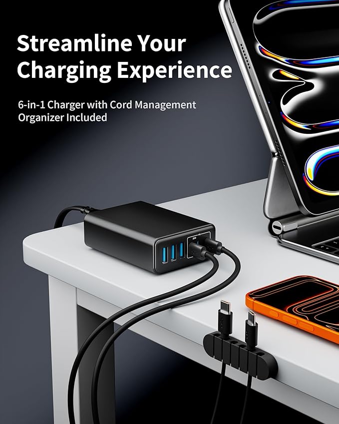 105W USB C Fast Charger, 6 - Port Desktop GaN USB Charging Station Hub, USB C Charger Block Wall Charger for iPhone 17/16/15/14/13/12/11, iPad, Samsung and More (Cable Organizer Included) | Charging Stations - TrueDesk