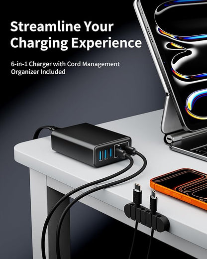 105W USB C Fast Charger, 6 - Port Desktop GaN USB Charging Station Hub, USB C Charger Block Wall Charger for iPhone 17/16/15/14/13/12/11, iPad, Samsung and More (Cable Organizer Included) | Charging Stations - TrueDesk