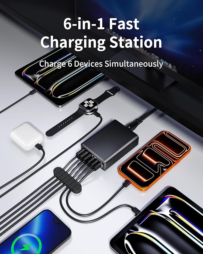 105W USB C Fast Charger, 6 - Port Desktop GaN USB Charging Station Hub, USB C Charger Block Wall Charger for iPhone 17/16/15/14/13/12/11, iPad, Samsung and More (Cable Organizer Included) | Charging Stations - TrueDesk