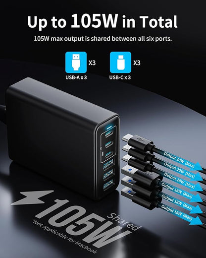 105W USB C Fast Charger, 6 - Port Desktop GaN USB Charging Station Hub, USB C Charger Block Wall Charger for iPhone 17/16/15/14/13/12/11, iPad, Samsung and More (Cable Organizer Included) | Charging Stations - TrueDesk