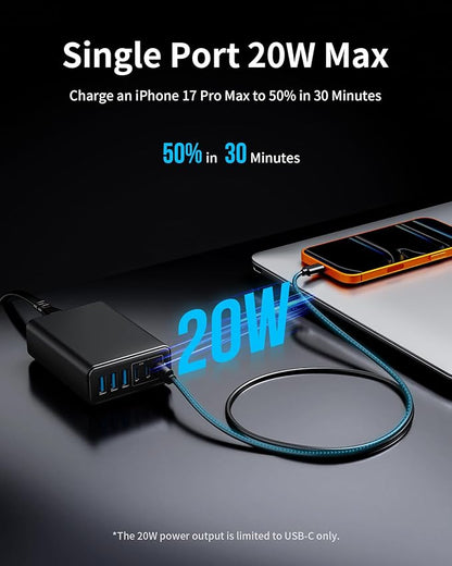 105W USB C Fast Charger, 6 - Port Desktop GaN USB Charging Station Hub, USB C Charger Block Wall Charger for iPhone 17/16/15/14/13/12/11, iPad, Samsung and More (Cable Organizer Included) | Charging Stations - TrueDesk