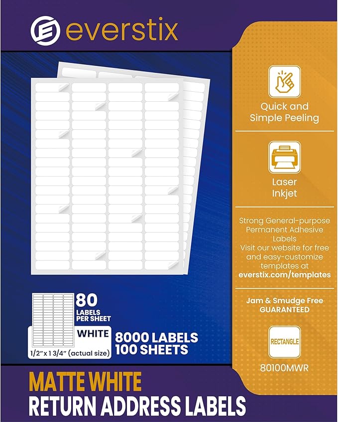 1/2" x 1 - 3/4", 100 Sheets, 8000 Return Address Labels for Laser & Inkjet Printers, Letter Size | Laser Inkjet Printer Labels - TrueDesk