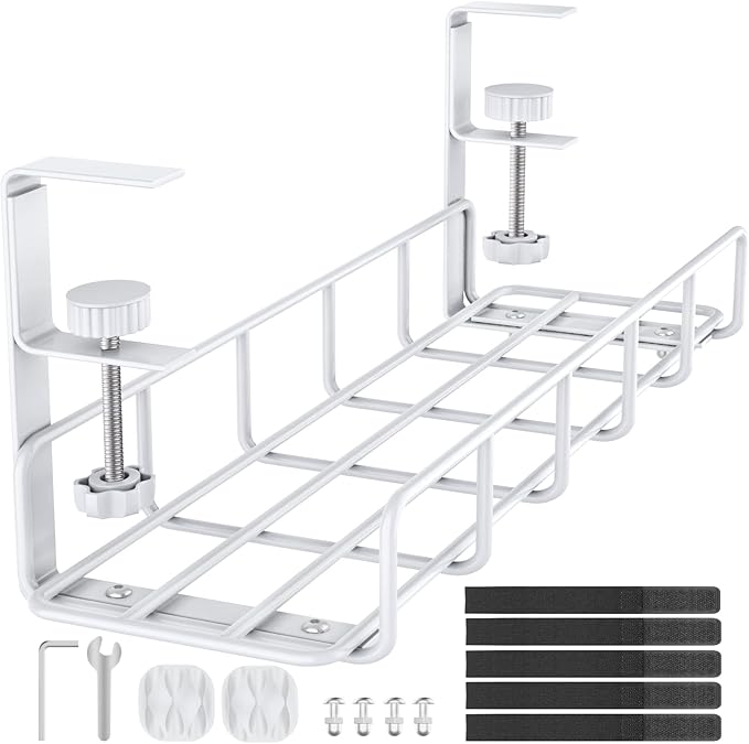 15.7” Under Desk Cable Management Tray, No Drill Heavy Duty Steel Standing Desk Cable Management, Wire Management Tray Cable Rack with Clamp Mount, Adjustable Metal Under Desk Tray (White, 1 Pack) | Racks Cabinets - TrueDesk