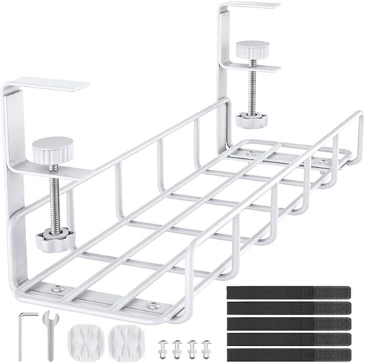 15.7” Under Desk Cable Management Tray, No Drill Heavy Duty Steel Standing Desk Cable Management, Wire Management Tray Cable Rack with Clamp Mount, Adjustable Metal Under Desk Tray (White, 1 Pack) | Racks Cabinets - TrueDesk