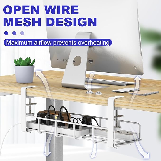 15.7” Under Desk Cable Management Tray, No Drill Heavy Duty Steel Standing Desk Cable Management, Wire Management Tray Cable Rack with Clamp Mount, Adjustable Metal Under Desk Tray (White, 1 Pack) | Racks Cabinets - TrueDesk
