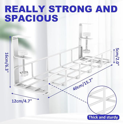 15.7” Under Desk Cable Management Tray, No Drill Heavy Duty Steel Standing Desk Cable Management, Wire Management Tray Cable Rack with Clamp Mount, Adjustable Metal Under Desk Tray (White, 1 Pack) | Racks Cabinets - TrueDesk
