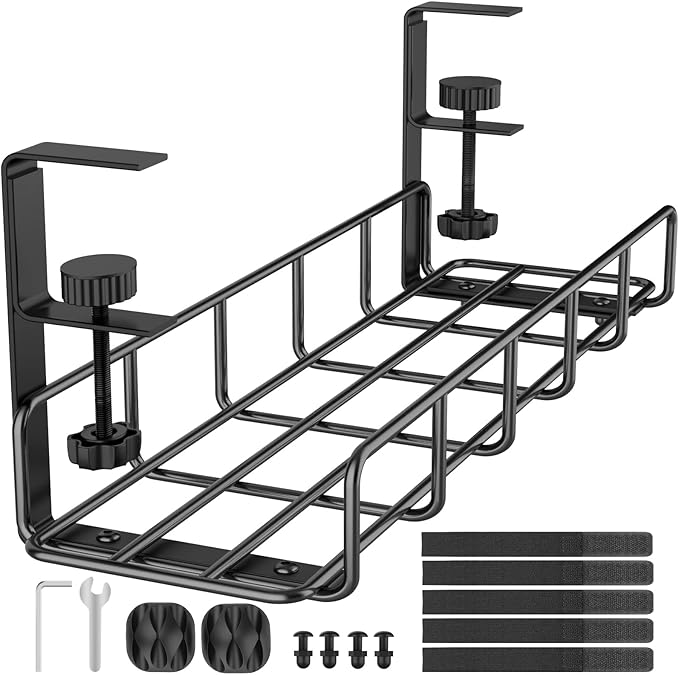 15.7” Under Desk Cable Management Tray, No Drill Steel Cable Tray Organizers, Wire Management Tray Cable Rack with Clamp Mount, Metal Under Desk Tray with Wire and Cord Organizer (Black, 1 Pack) | Cable Raceways - TrueDesk