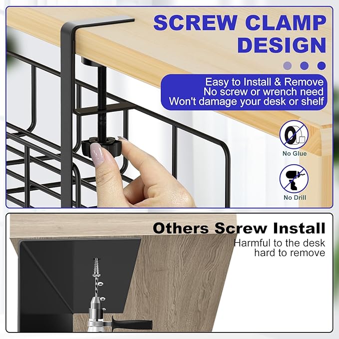 15.7” Under Desk Cable Management Tray, No Drill Steel Cable Tray Organizers, Wire Management Tray Cable Rack with Clamp Mount, Metal Under Desk Tray with Wire and Cord Organizer (Black, 1 Pack) | Cable Raceways - TrueDesk