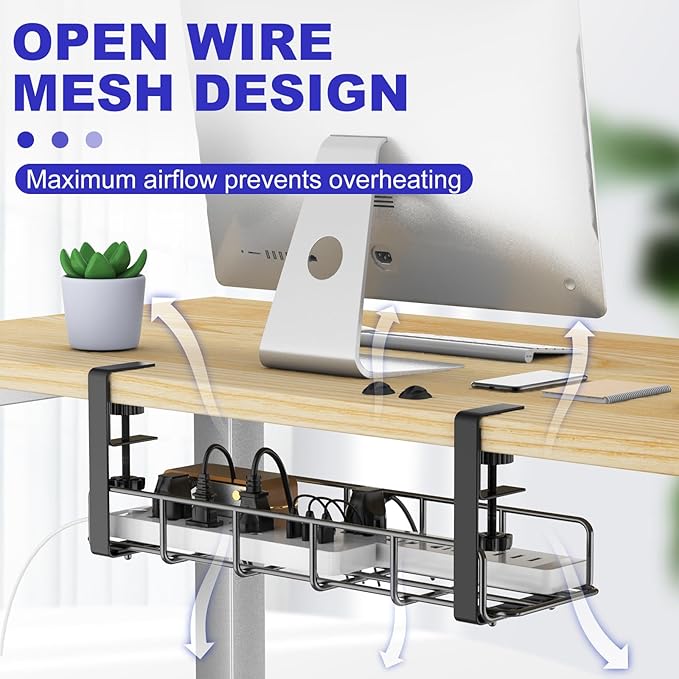15.7” Under Desk Cable Management Tray, No Drill Steel Cable Tray Organizers, Wire Management Tray Cable Rack with Clamp Mount, Metal Under Desk Tray with Wire and Cord Organizer (Black, 1 Pack) | Cable Raceways - TrueDesk